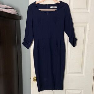 Ava & Viv Navy Midi Sheath Dress with Three-Quarter Sleeves and Bow Cuffs